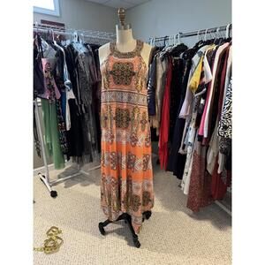 Bohemian Style Orange Beaded Neck Maxi Halter Dress - Medium